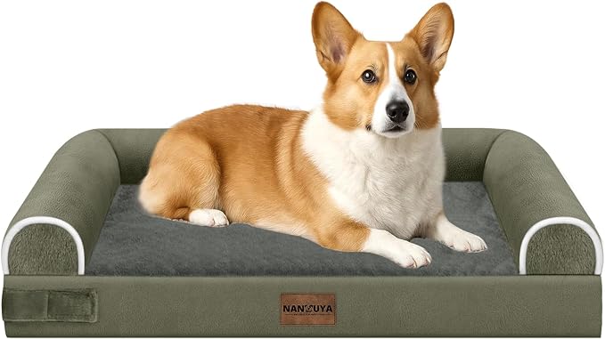 NANUYA Orthopedic Dog Bed for Medium Dogs, 30 x 20 Inch, Dark Green | Egg crate foam for joint support, 3-sided bolster pet sofa, waterproof lining, washable cover, and non-skid base