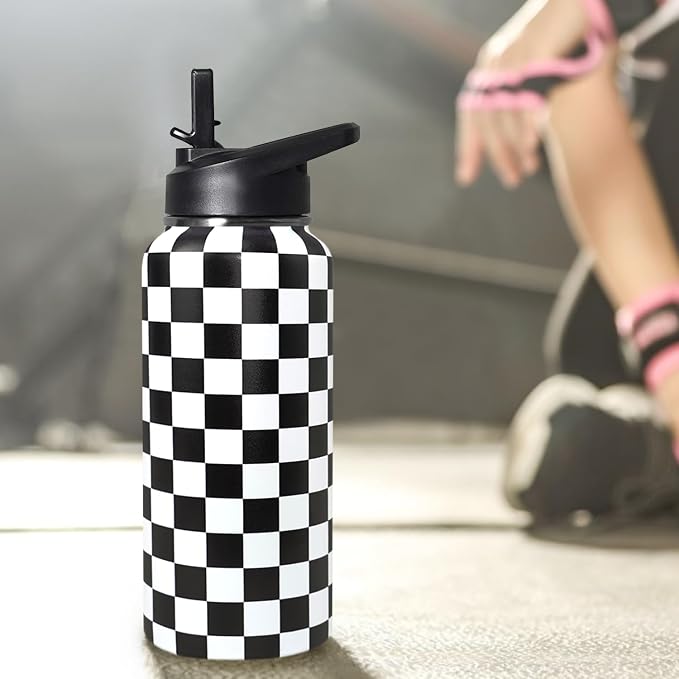 32oz Checkered Stainless Insulated Aater Water Bottle with Straw,Checkered Gym Hiking Sports Coffee Mug Cup Water Bottles,Checkered Gifts for Women,Checkered Decor Stuff Accessories