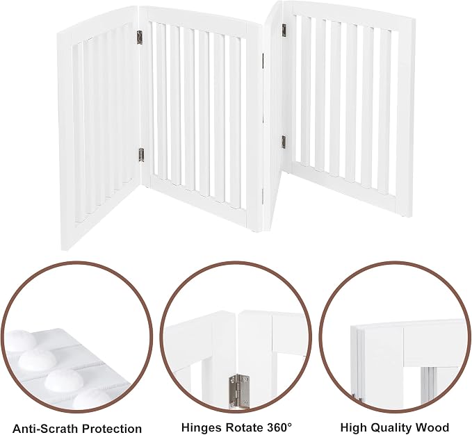 ZENY 24 Inch Pet Dog Gate, Foldable Freestanding Dog Door 4 Panel, White Wooden Z Shape Step Over Pet Fence for Entryway, Stairs, Doorway, White