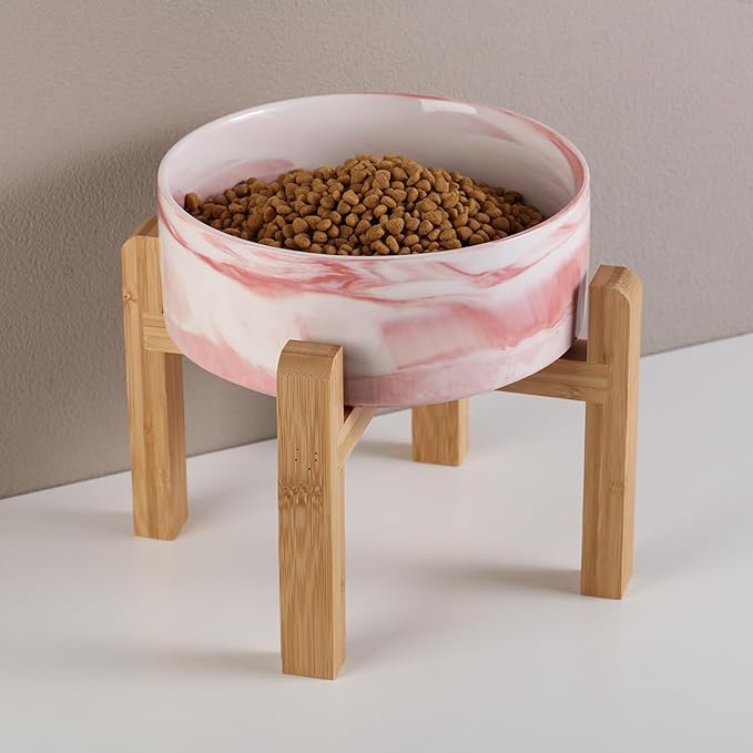 Raised/Elevated Ceramic Dog Bowl for Small Medium Sized Breeds,Dog Food Water Bowl with Stand,6 in Non Slip Heavy Pet Feeding Dish 3.6 Cups/ 850 ml /28 OZ Marble Pink