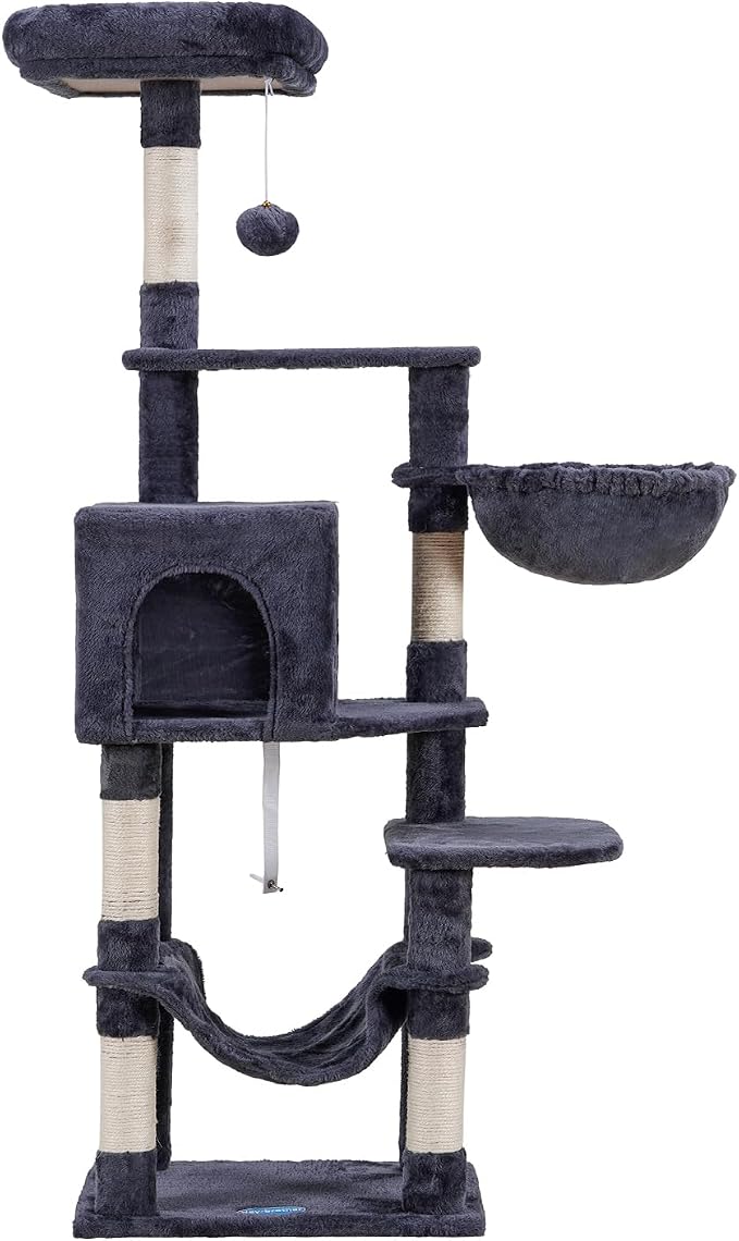 Hey-brother Cat Tree, Multi-Level Sisal Covered Scratching Posts, MPJ050G | 60.6 Inches Tower with Condo, Large Hammock, Top Perch, Toy Ball for Indoor Multi-Cats Households, Smoky Gray