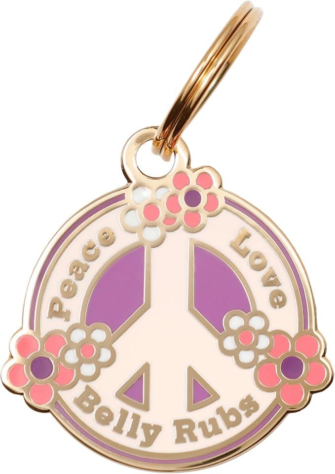 Two Tails Pet Company Personalized 'Peace, Love, Belly Rubs' Pet ID Tag & Collar Charm - Custom Engraved Dog Tags for Pets - Luxury Brass, Gold Plating