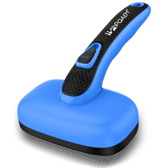 Self Cleaning Slicker Brush for Dog and Cat Shedding, Blue | Skin Friendly Deshedding Brush for Short or Long Haired Dogs & Cats, One-Click Retractable for Easy Cleaning Flying Hair