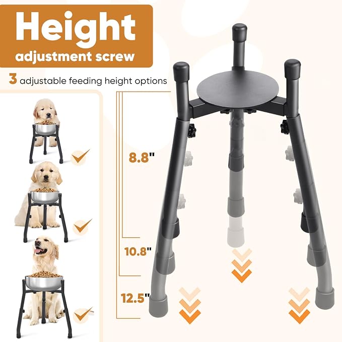 Adjustable Raised Metal Dog Bowl Stand, 3 Heights, Bowl Not Included | Adjustable 6.3-10.2 Inch Width, Heights of 8.8, 10.8 and 12.5 Inches, Fits Medium and Large Dogs, 1 Pack