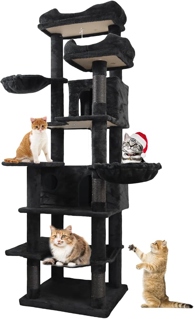 68 Inches Multi-Level Large and Tall Cat Tree Tower for Indoor Cats/Removable Pad/Cat Condo/Sisal Scratching Posts/Hammock/Cat Activity Center/Wide Base Black
