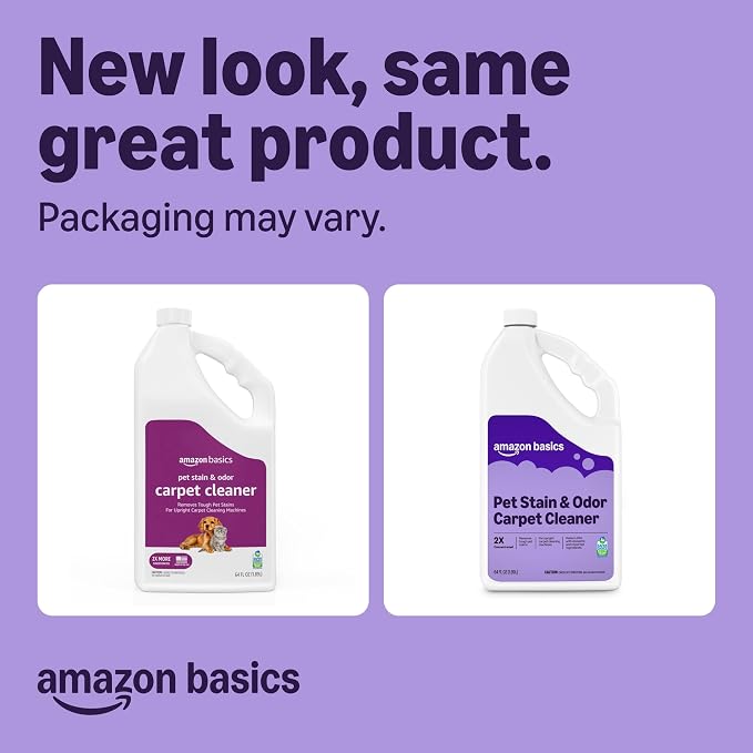 Amazon Basics Pet Stain & Odor Remover, Deep Cleaning Carpet Shampoo, Concentrated Formula, Works on Odors, Pet-Safe, Fresh Scent, 64 Fl Oz (Pack of 2), Packaging May Vary