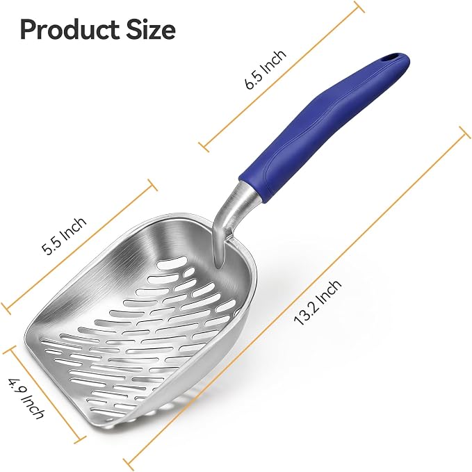 Cat Litter Scoop, Large Long Handle Kitty Metal Scooper, Heavy Duty Aluminum Deep Sifter, Ergonomic Non-Slip Grip, Rustproof Durable Poop Cleaner for Cat Litter Box
