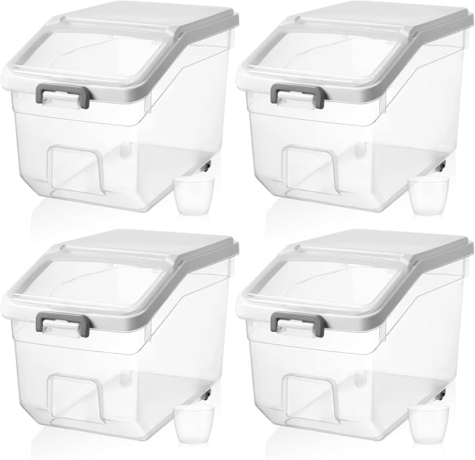 Sunnyray 4 Pcs Rice Storage Container 28 lb Airtight Flour Container with Wheels Measuring Cup Clear Pet Food Cube Dog Birds Cat Food Bin Grain Cereal Organizer Box for Dry Baking Supplies(White Lid)