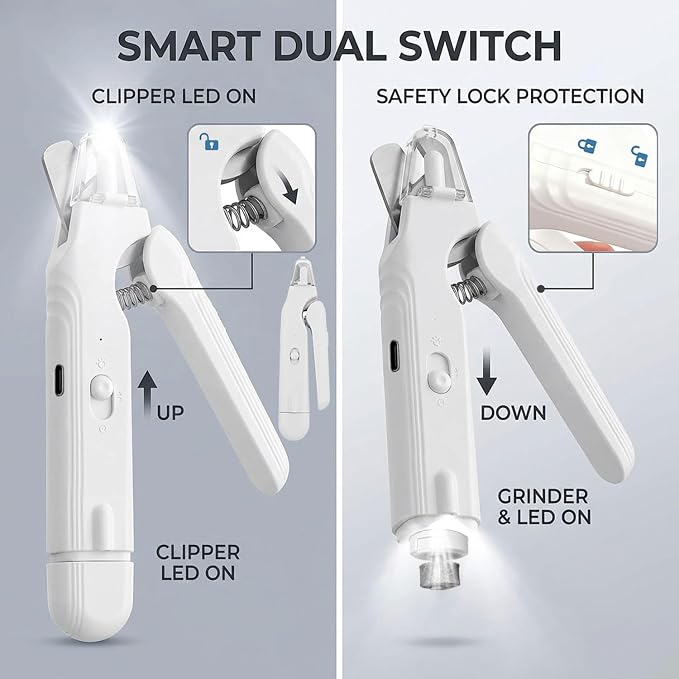 2-in-1 Dog Nail Grinder & Dog Nail Clipper for Sensitive Pets | Whisper-Quiet Claw Trimmer, with 2 LED Light & Safety Lock, Nail Clipping Collector Box, Painless Paws Grooming & Smoothing