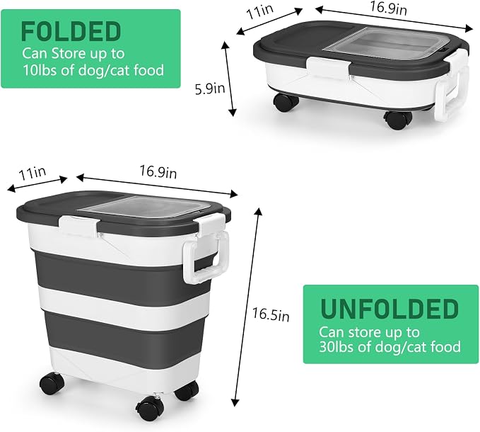Dog Food Storage Container with Rolling Wheel and Airtight Lid, Black, 30LB | Foldable Food Storage Bins with Snap-Lid Seal to Keep Kibble, Pellets or Seeds Fresh for Dogs, Cats and Birds