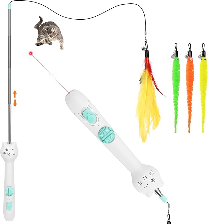 TBTeek Cat Toy, 2in1 Light and 22" Retractable Pole with Feather, Rechargeable, 5 Modes, Interactive Wand Toy for Indoor Cat Kitten Dog 3 Refills | with Light and 22" Retractable Pole with Feather,Rechargeable,5 Modes, 2in1 Interactive Wand Toy 3 Refills