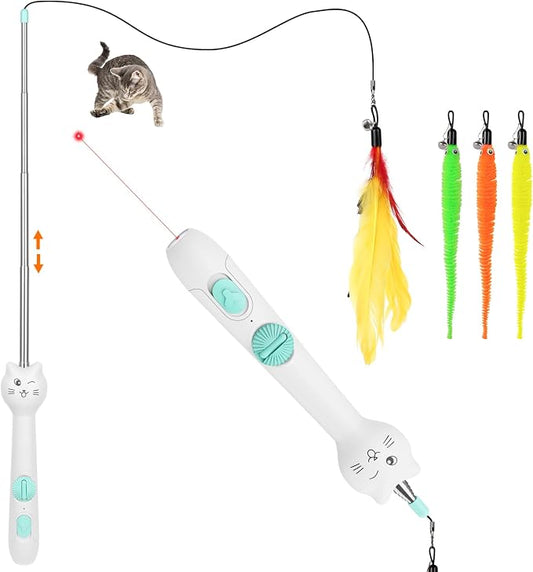 TBTeek Cat Toy, 2in1 Light and 22" Retractable Pole with Feather, Rechargeable, 5 Modes, Interactive Wand Toy for Indoor Cat Kitten Dog 3 Refills | with Light and 22" Retractable Pole with Feather,Rechargeable,5 Modes, 2in1 Interactive Wand Toy 3 Refills