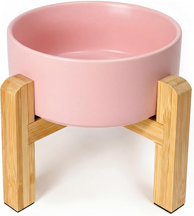 Ceramic Elevated Dog Bowl with Bamboo Stand, for Small & Medium Dog, Pink