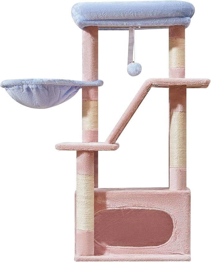 Taoqimiao Cat Tree, 38.5In Cat Tower for Indoor Cats, Suitable for Kittens | Thick Padded Top Perch, Luxurious Cat Condo, Adjustable Basket, 1-Piece Ramp Scratcher, 3 Sisal Posts, Pink&Blue, MS029SPB