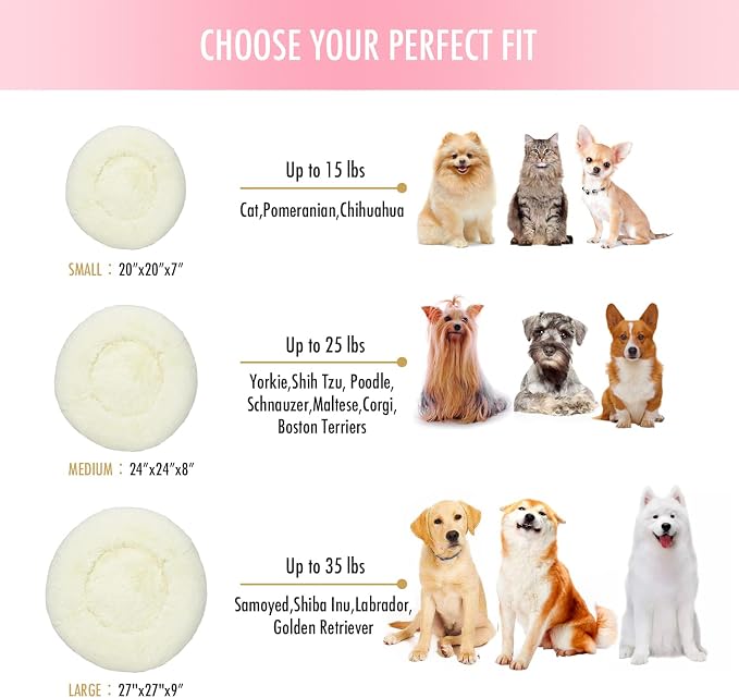Anti Anxiety Round Fluffy Plush Faux Fur Warm Washable Dog Bed & Cat Bed, Original Bed for Small Medium Large Pets,Used to Relieve Joints and Improve Sleep（20"/24"/27''） (20", White)