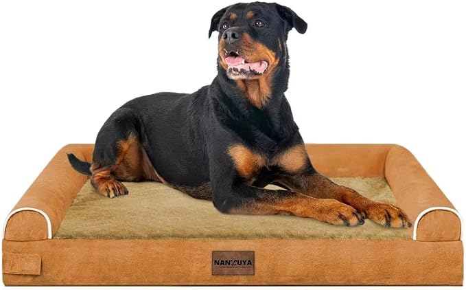 NANUYA Orthopedic Dog Bed for XX-Large Dogs, 44 x 34 Inch, Orange | Egg crate foam for joint support, 3-sided bolster pet sofa, waterproof lining, washable cover, and non-skid base