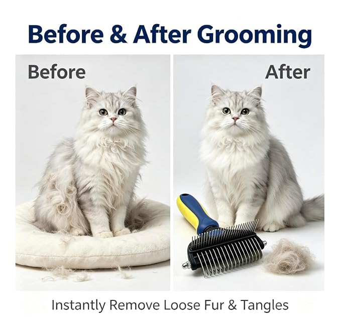 2-in-1 Pet Grooming Comb, Undercoat Rake & Deshedding Brush for Dogs&Cats | Safely remove loose undercoat & mats . reduces shedding by 95% without hurting skin. Ideal for medium & long hair pets，blue