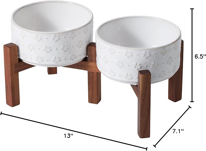 Havniva 6.1" Elevated Dog Bowls Ceramic Raised Dog Bowl with Non-Slip Stand (Acacia Wood) Two Height Options, Dog Food & Water Bowl for Small & Medium Breed Dogs - 3.4 Cups 27 oz