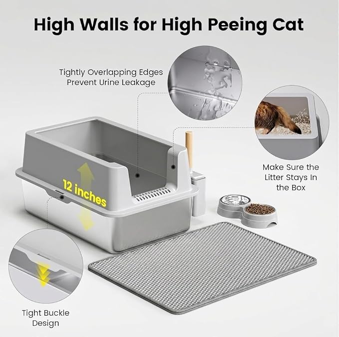 Stainless Steel Cat Litter Box - Enclosed XL Metal Kitty Litter Box with Lid for Big Cats, High Sided, Anti-Leakage, Easy Cleaning, Non-Sticky, Included Litter Mat, Cat Bowl & Spoon