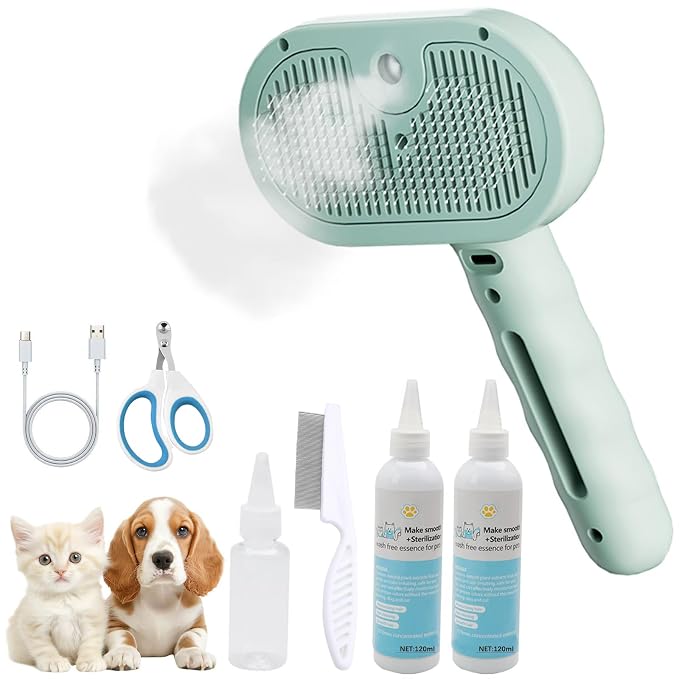 Pet Grooming Kit for Dogs & Cats – Self Cleaning Steam Brush with Cool Mist Spray, Nail Clippers, Flea Comb & 2 Waterless Shampoo Bottles – Quiet Deshedding Slicker Brush for Long & Short Haired Pets