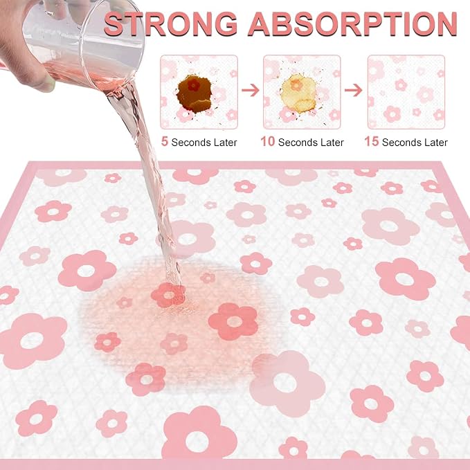 Pink Floral Dog Pee Pads, 23''x30'', 40 Count Leak-Proof Puppy Pads for Potty Training, Quick-Dry & Adhesive Tabs, Cute Flower Print for Small/Medium Dogs with Attractant