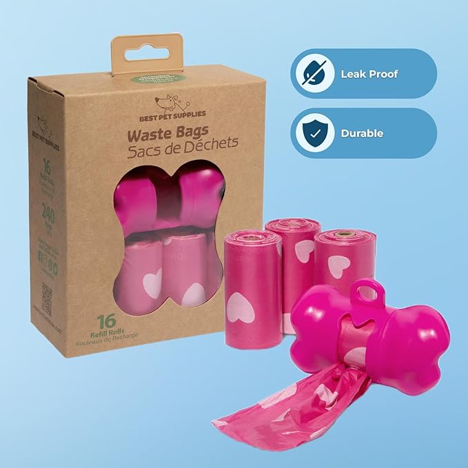 Best Pet Supplies Dog Poop Bags for Waste Refuse Cleanup, Doggy Roll Replacements for Outdoor Puppy Walking and Travel, Leak Proof and Tear Resistant, Thick Plastic - Pink Heart, 240 Bags