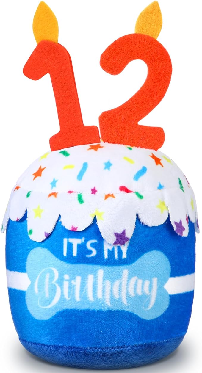 Dansydaisy Dog Birthday Cake Toy Squeaky Plush Toy for Girl Boy Gifts, Chew Accessories for Dog Birthday Party Decor Favor for Large, Medium and Small Dogs(12th,Blue)