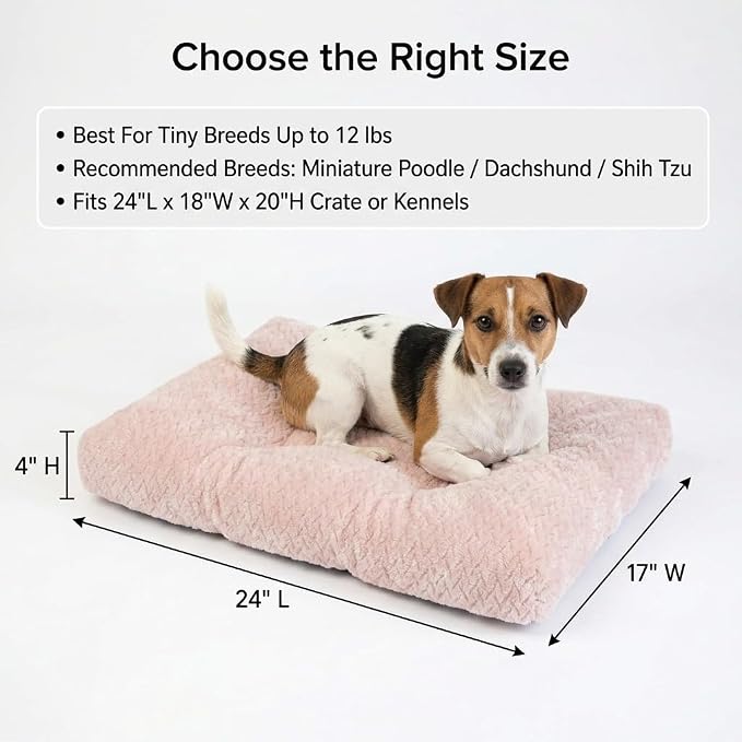 24 Inch Dog Crate Bed for Small Dogs, Washable Dog Crate Pad for Dog Cages, Soft Jacquard Flannel Kennel Mat with Anti-Slip Bottom, Fluffy Crate Mat for Puppies and Small Dogs,Pink