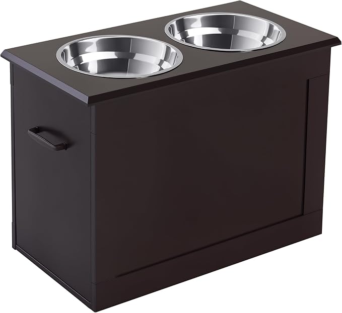 PawHut Raised Pet Feeding Storage Station for Large Dogs, Coffee | with2 Stainless Steel Bowls Base for Other Large Pets