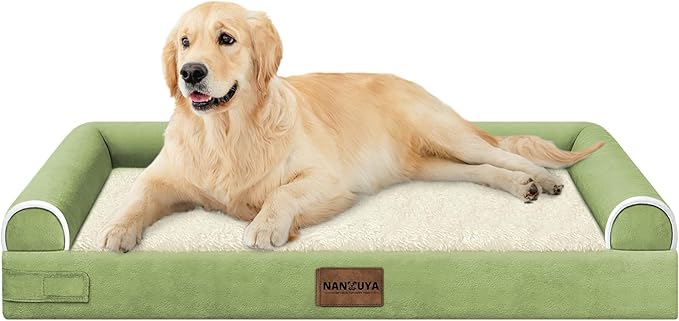NANUYA Orthopedic Dog Bed for Large Dogs, 36 x 27 Inch, Grass Green | Egg crate foam for joint support, 3-sided bolster pet sofa, waterproof lining, washable cover, and non-skid base