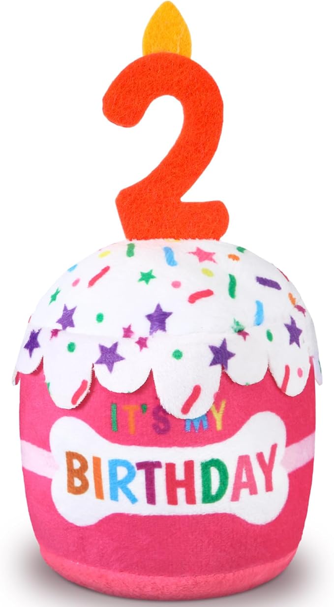 Dansydaisy Dog Birthday Cake Toy Squeaky Plush Toy for Girl Boy Gifts, Chew Accessories for Dog Birthday Party Decor Favor for Large, Medium and Small Dogs(2nd,Pink)