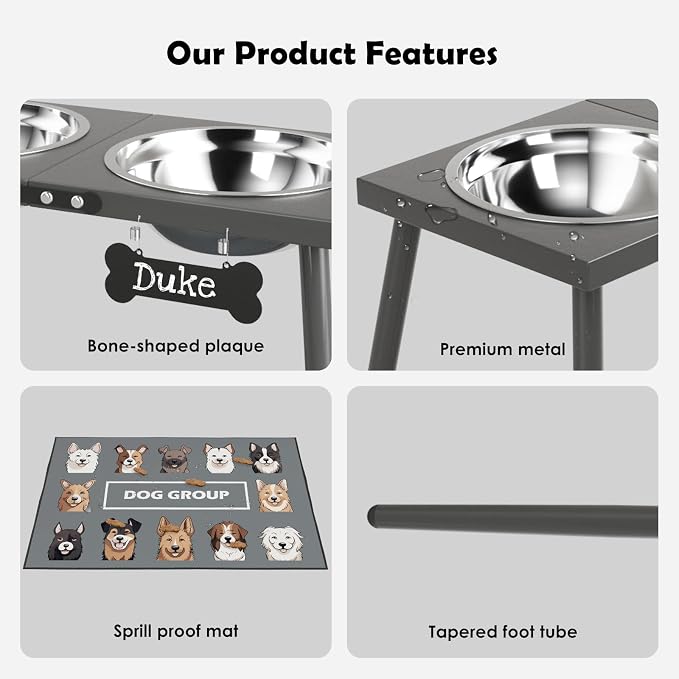 ADENGL Elevated Dog Bowls for Large Extra Large Pet, Raised Dog Bowl Stand with Sprill Proof Mat and Bowls (2000ml/70oz), Pet Food & Water Bowl 15.5" Tall Dogs Feeder for Extra Large Breed, Grey