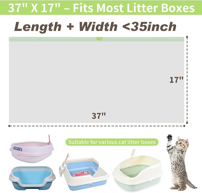 Thickened Extra Large Cat Litter Box Liners 37" x 17", 20 Count Kitty Waste Bags with Drawstring – Heavy Duty Tear-Resistant Waterproof Pre-Separated Cat Litter Pan Liners for Easy Cleanup