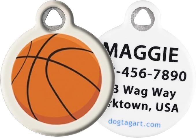 Basketball Personalized Sports Themed Pet ID Tas for Dogs and Cats, Silent Polymer Coated Stainless Steel Nametag with Customized Identification Information - Small .875" Diameter