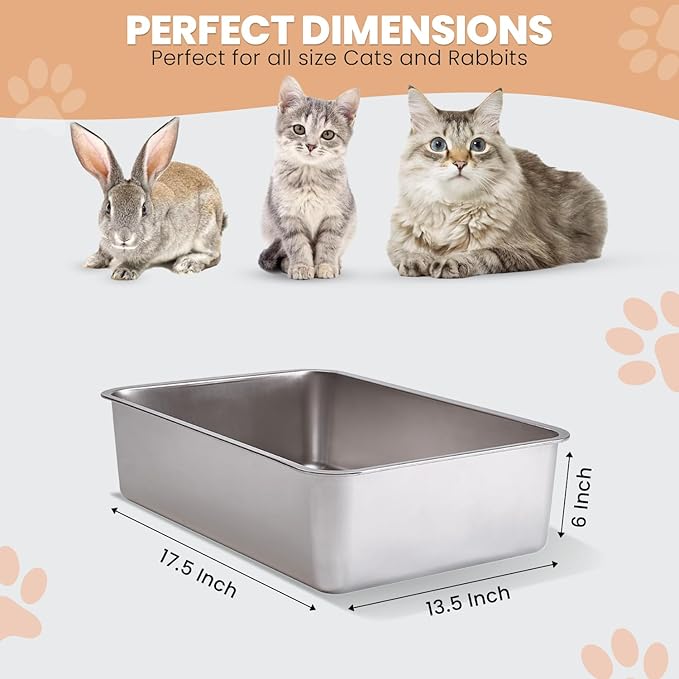 Stainless Steel Cat Litter Box with High Sides - Never Absorbs Odor, Stains or Rusts - Non Stick Smooth Surface for Cats and Rabbits