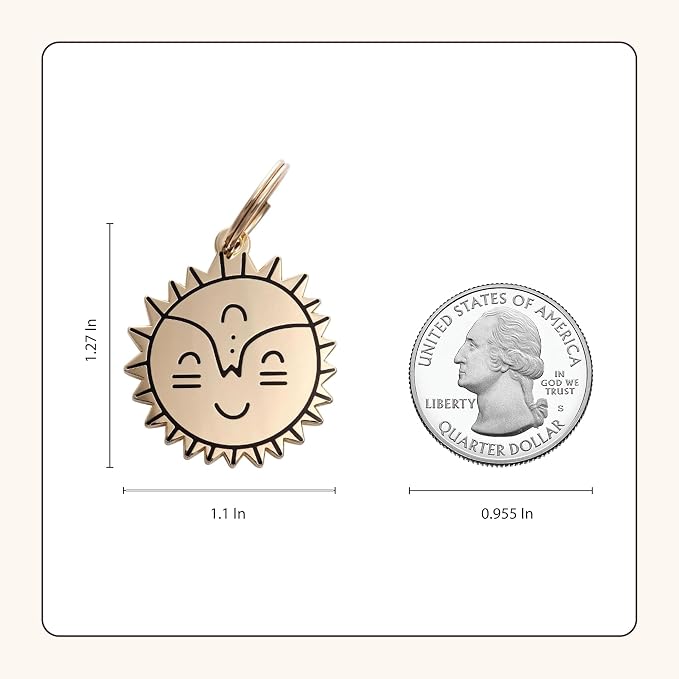 Two Tails Pet Company Personalized 'Smiling Sun' Pet ID Tag - Custom Engraved Dog Tags for Pets - Durable Brass, Gold Plating