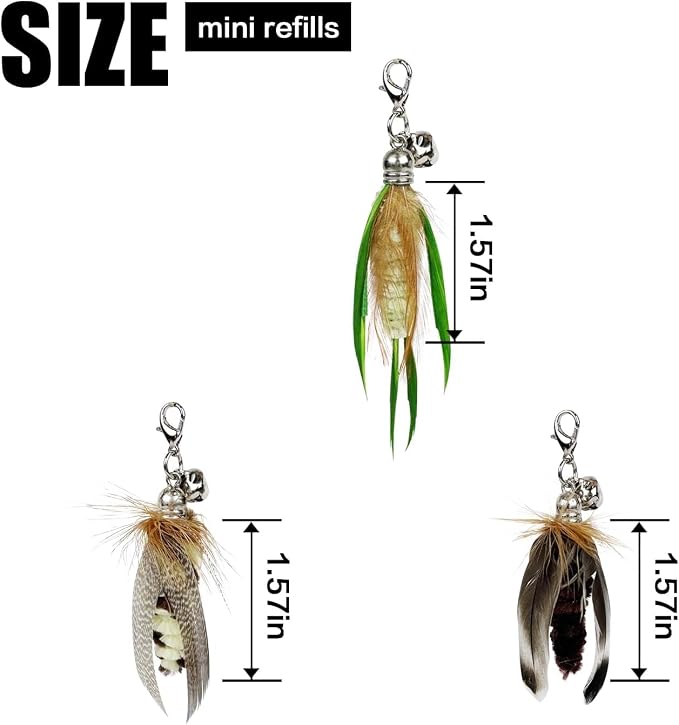TTcat 3 Pack Mini Natural Feather Cat Wand Refills, Small Detachable Clip-on Feather Replacement Attachments with Bells, Universal Lobster Clasp Cat Teaser Refills, Hunting Prey Toy for Indoor Cats.