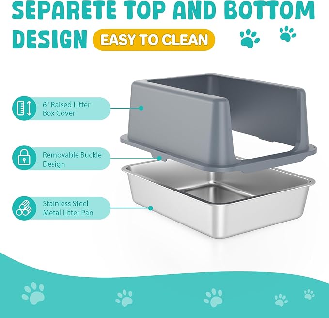 Litter Box with Lid, Stainless Steel Cat Litter Box, 10" Small Metal Litter Box for Kittens, Grey