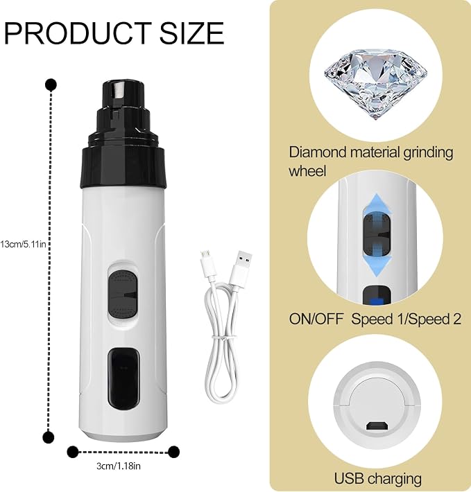 Silent Pet Nail Grinder for Dogs & Cats, 3 Grinding Heads | Professional 2-Speed Rechargeable Dog Nail Trimmer for Small/Medium Dogs & Cats, Painless Paw Grooming