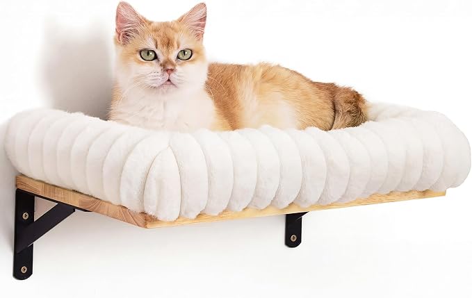 FUKUMARU Cat Wall Shelves, Cat Walls Furniture with Soft Bed, Solid Rubber Wood Floating Shelf, Kitten Window Perch for Sleeping, Playing and Scratching