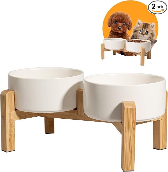 Elevated Ceramic Dog Bowl Set - Raised Feeding Bowls with Non-Slip Bamboo Stand - Small Pet Dishes for Food and Water - Ideal for Cats and Puppies - 16.23 OZ - 2 Cups - 480 ML
