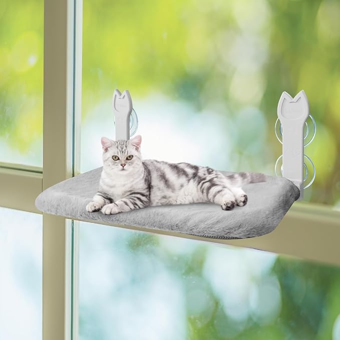 2 Pack Large Size Cat Window Perch,Cat Window Hammock Cordless Foldable Window Bed with 4 Large Strong Suction Cup,Reversible Cushion Cover,Metal Frame Easy to Adjust Window Seat (Gray,L)