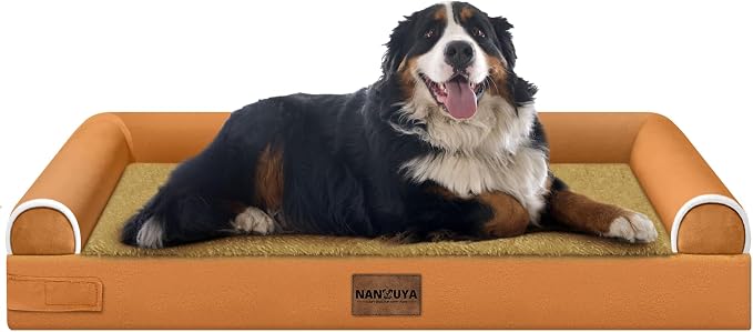 NANUYA Orthopedic Dog Bed for Jumbo Dogs, 53 x 42 Inch, Orange | Egg crate foam for joint support, 3-sided bolster pet sofa, waterproof lining, washable cover, and non-skid base