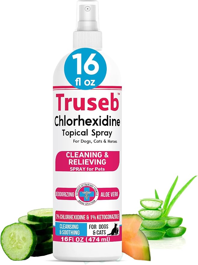 Truseb Medicated Topical Ketoconazole and Chlorhexidine Spray for Dogs, Cats, and Horses with Essential Fatty Acids, Ketoconazole Spray Aloe and Vitamin E (Ketoconazole & Chlorhexidine Spray, 16 oz)