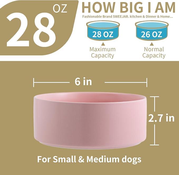 Pink Raised/Elevated Ceramic Dog Bowl for Small Medium Sized Breeds,Dog Food Water Bowl with Stand,6 in Non Slip Heavy Pet Feeding Dish 3.6 Cups/ 850 ml /28 OZ