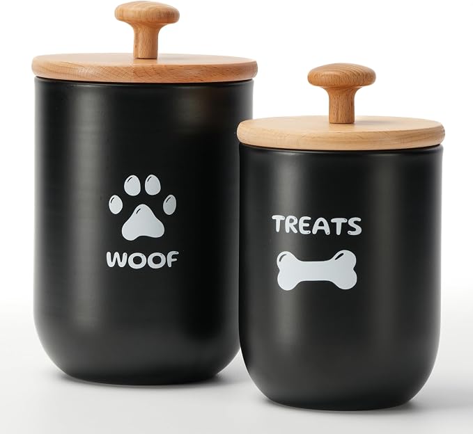 Dog Treat Container Set of 2, Dog treat jar with Airtight Lid, Small dog food container, Dog Cookie Jar for kitchen Counter, Treats Canister, Pet Treat Container 8.3x4.9 & 7.1x4.3 (Black)