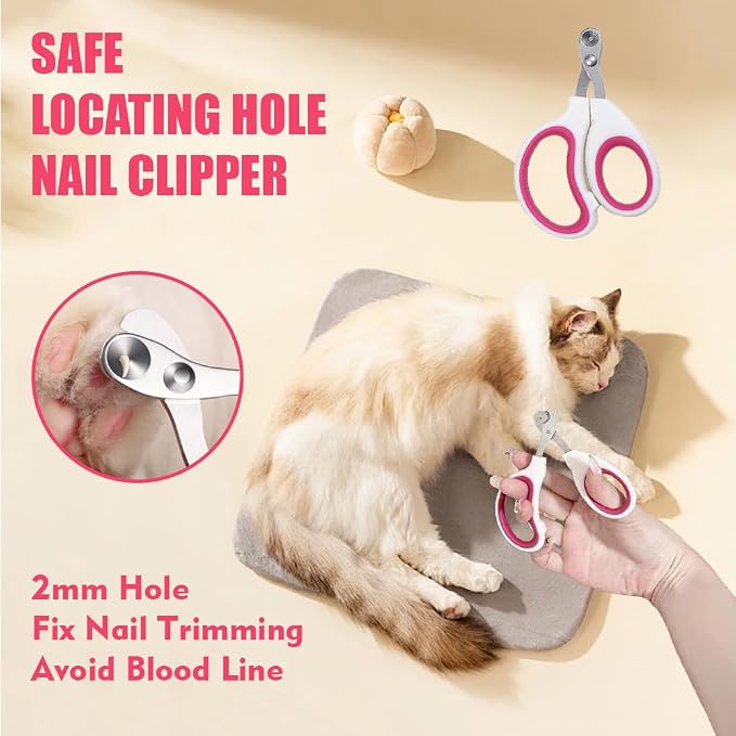 Grooming Kit for Indoor Long-Haired Cats - Self-Cleaning Brushes for Shedding and Matted Fur, Flea Comb Set, Pink