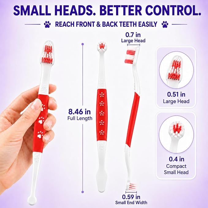 Dog Toothbrush, Dual-Head, for Medium-Large Dogs, Red | Soft Bristles for Gentle Cleaning, 60° Curved Bristles for Better Coverage, Comfortable for Sensitive Gums