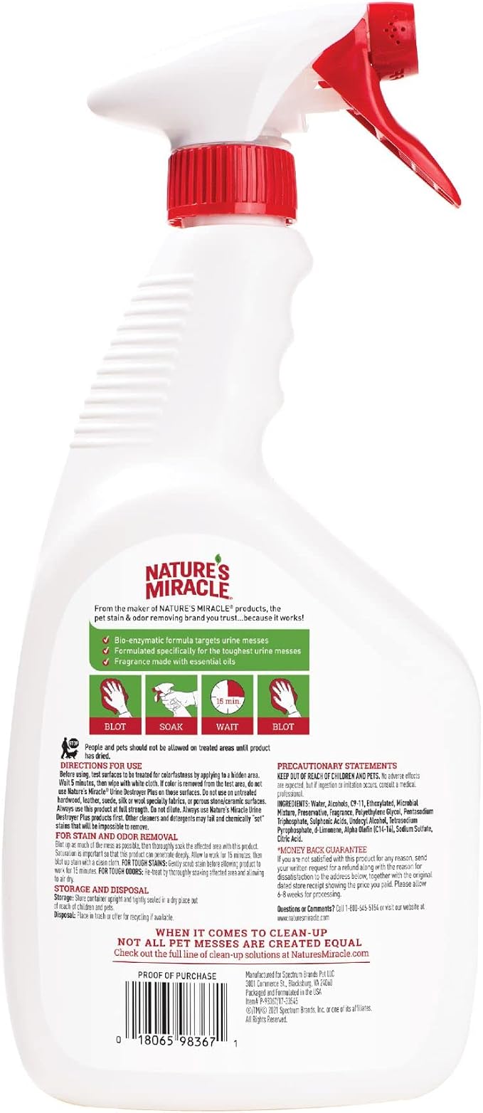 Nature’s Miracle Urine Destroyer Plus Cat,32 Ounces,Unscented,Enzymatic Formula,Ready-to-Use,(Pack of 12)