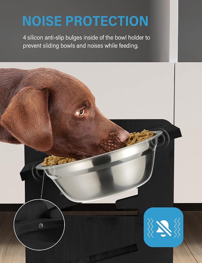Elevated Dog Bowls, Raised Dog Bowl Stand Adjustable Medium, Black | Bamboo Elevated Feeder with 2 Stainless Steel Bowls, Adjustable Height Stand for Medium Dogs
